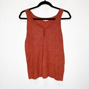 Eileen Fisher 100% Linen Ribbed Button Tank Top Rust Orange Petite Sustainable
